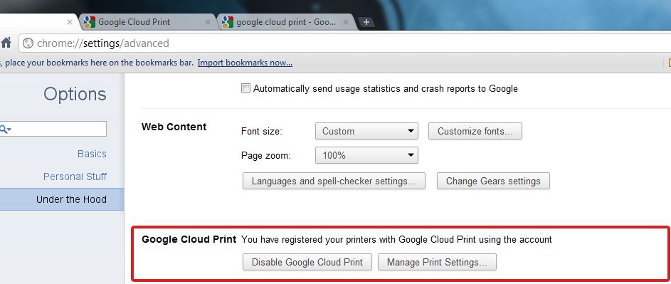 Google Cloud Print - Settings